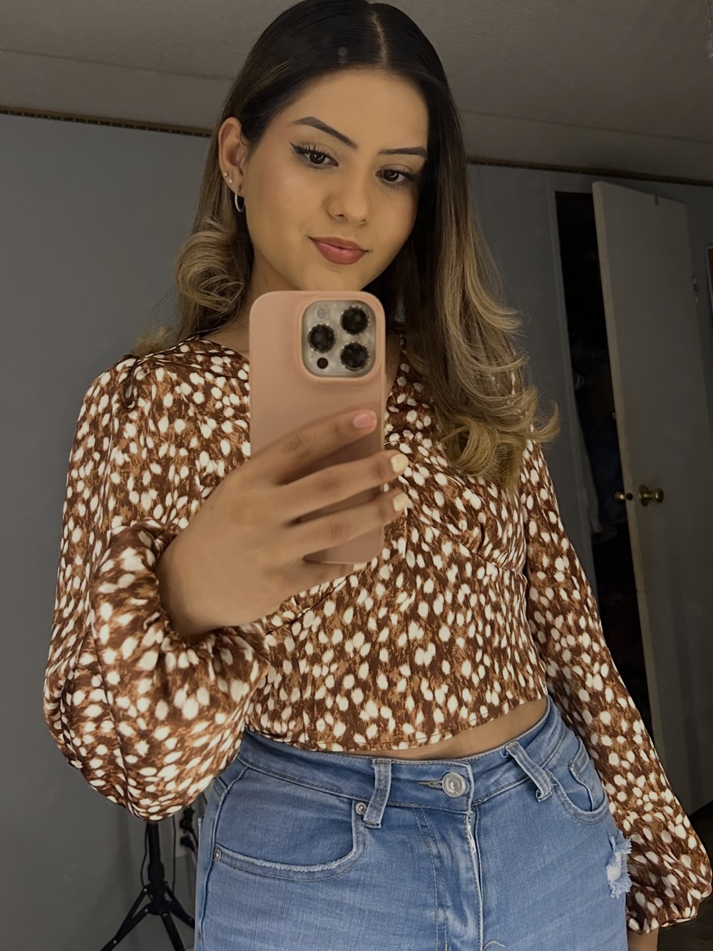 Forever 21 Brown and White Printed Long-Sleeve Crop Top